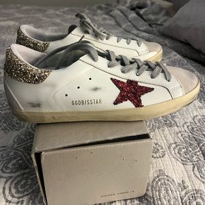 Golden Goose White & Red Glitter Heel Super Star Leather Sneaker